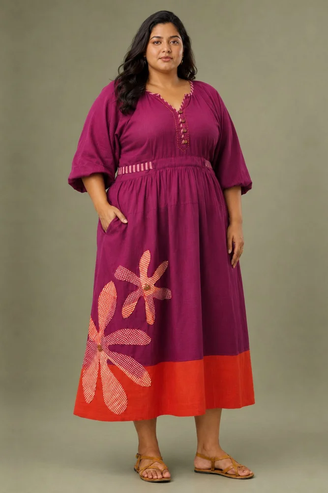 Purple Cotton Embroidered Maxi Dress with Balloon Sleeves 3