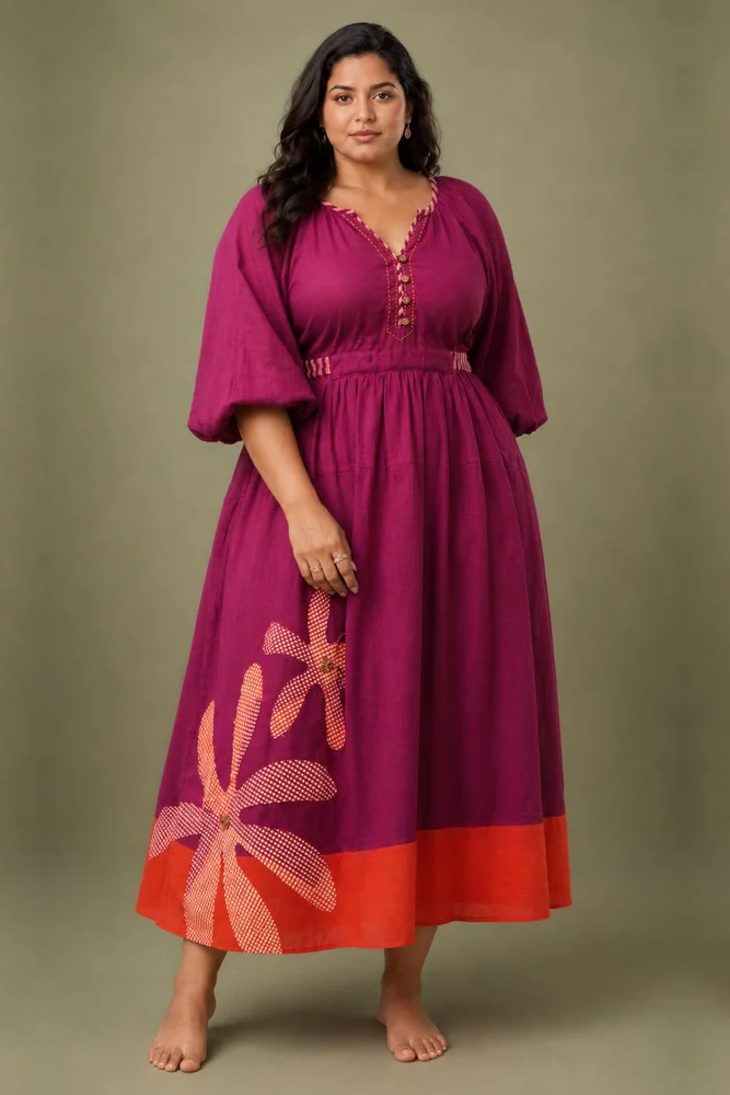 Purple Cotton Embroidered Maxi Dress with Balloon Sleeves 2