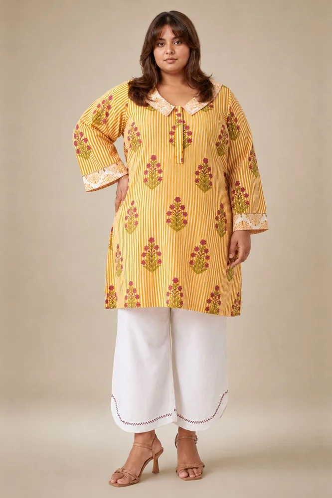 Yellow Floral Collared Short Kurta Paired With Curved  Hem White Pants 3