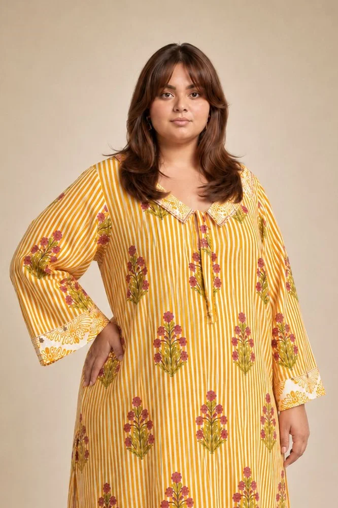 Yellow Floral Collared Short Kurta Paired With Curved  Hem White Pants 2