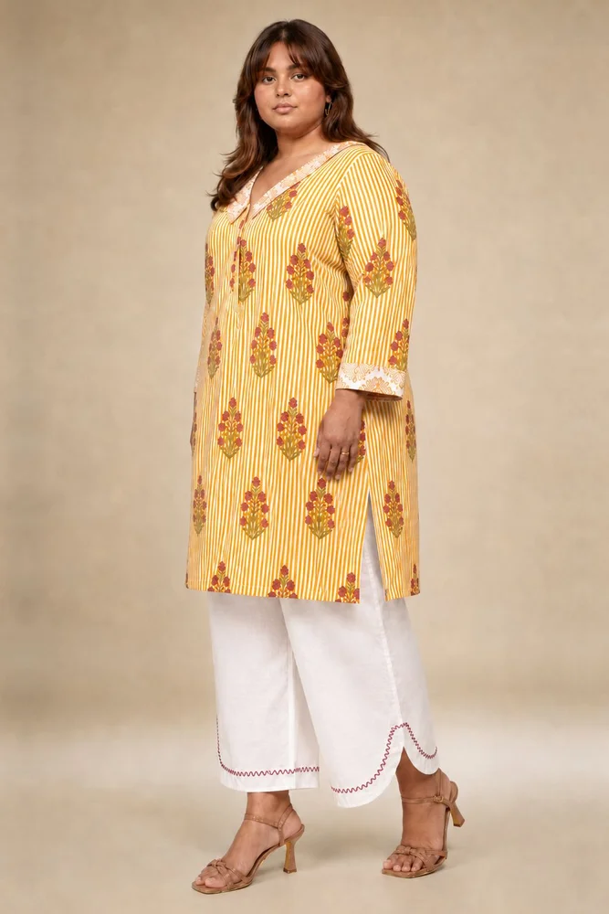 Yellow Floral Collared Short Kurta Paired With Curved  Hem White Pants 4