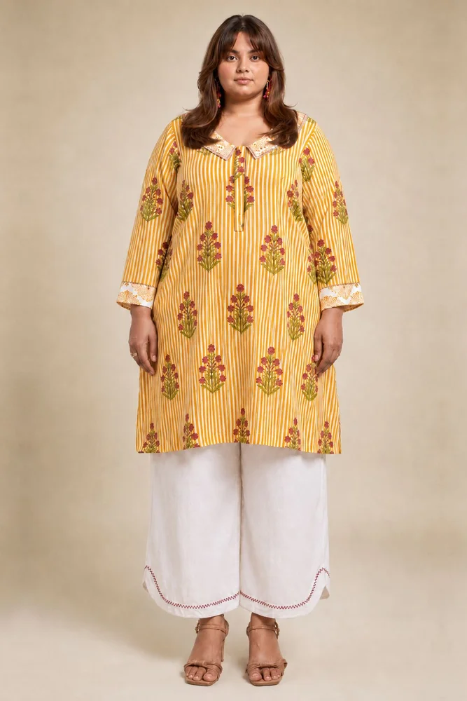 Yellow Floral Collared Short Kurta Paired With Curved Hem White Pants