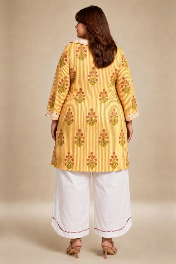 Yellow Floral Collared Short Kurta Paired With Curved  Hem White Pants 5