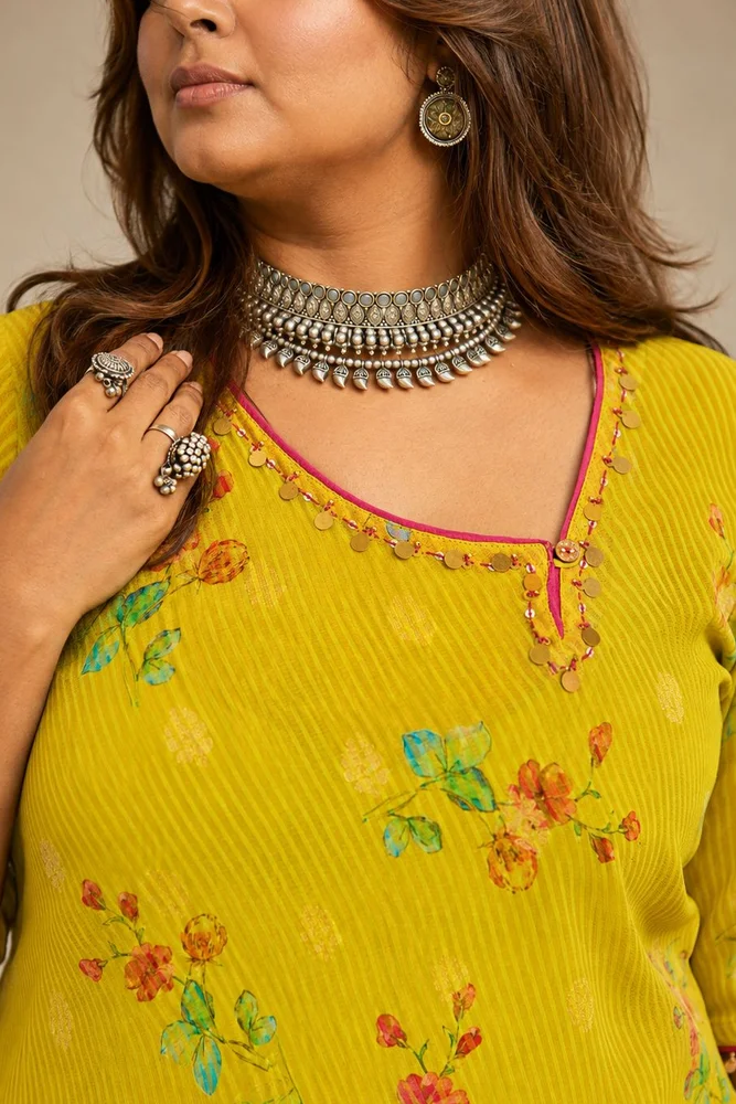 Lemon Green Tissue Chanderi Printed Fusion Set with Georgette Dupatta 4