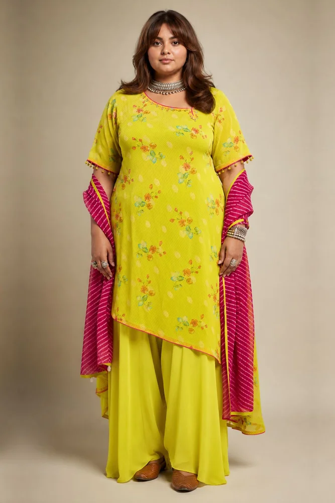 Lemon Green Tissue Chanderi Printed Fusion Set with Georgette Dupatta 3