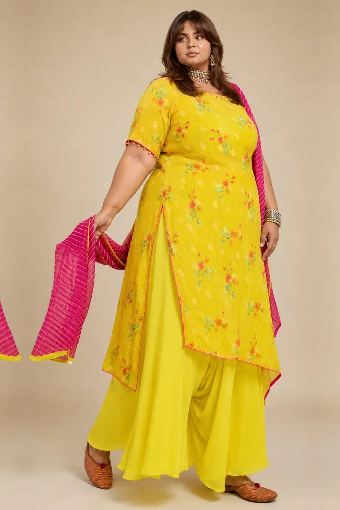 Lemon Green Tissue Chanderi Printed Fusion Set with Georgette Dupatta 2