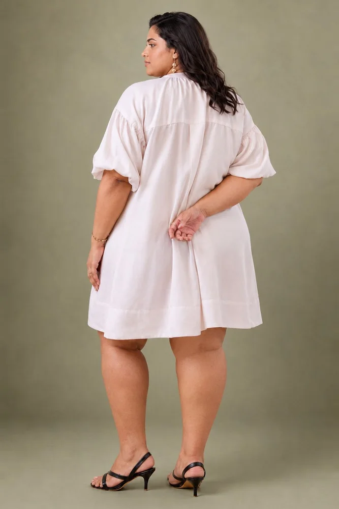 White Cotton Satin Short Party Dress with Balloon Sleeves 5
