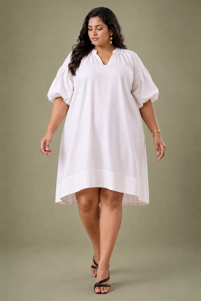 White Cotton Satin Short Party Dress with Balloon Sleeves 3