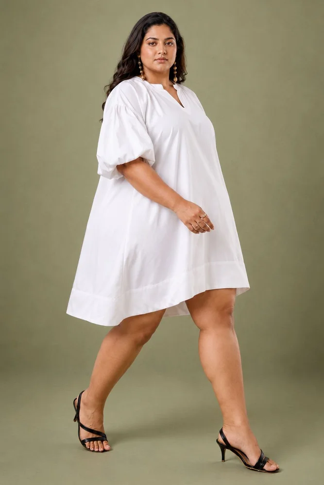 White Cotton Satin Short Party Dress with Balloon Sleeves 4