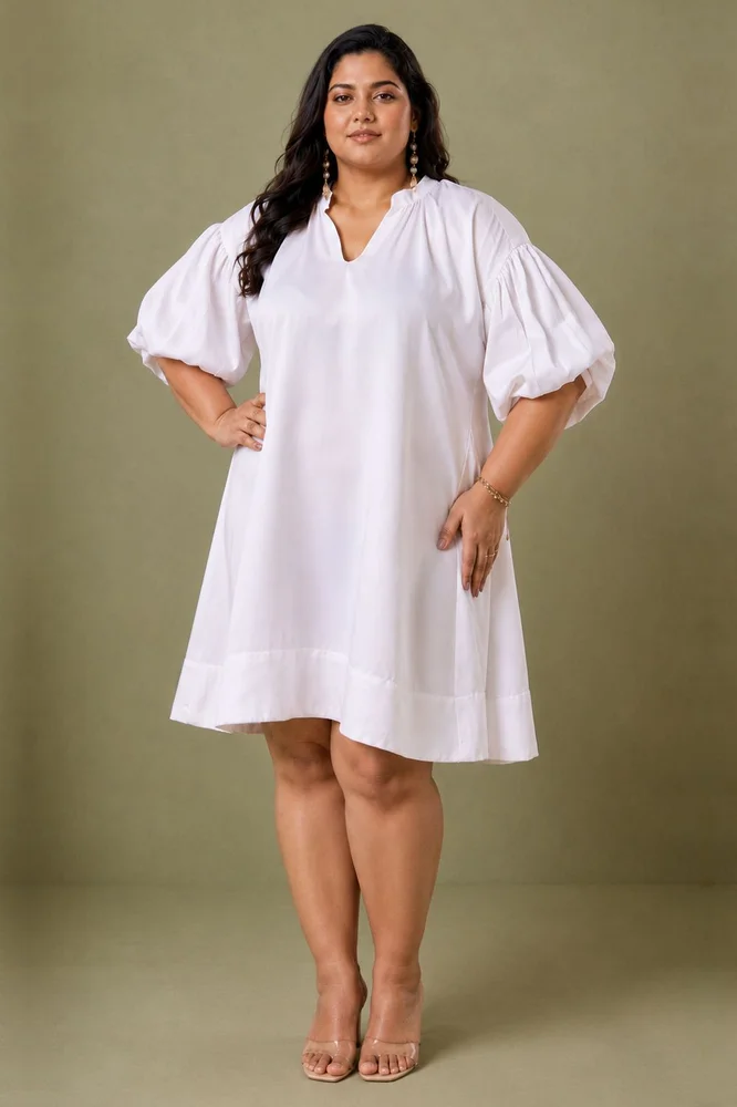 White Cotton Satin Short Party Dress with Balloon Sleeves