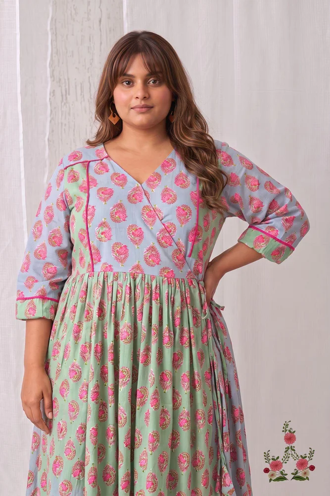 Mint Green & Blue Floral Angrakha Kurta Paired With Straight White Pants 2