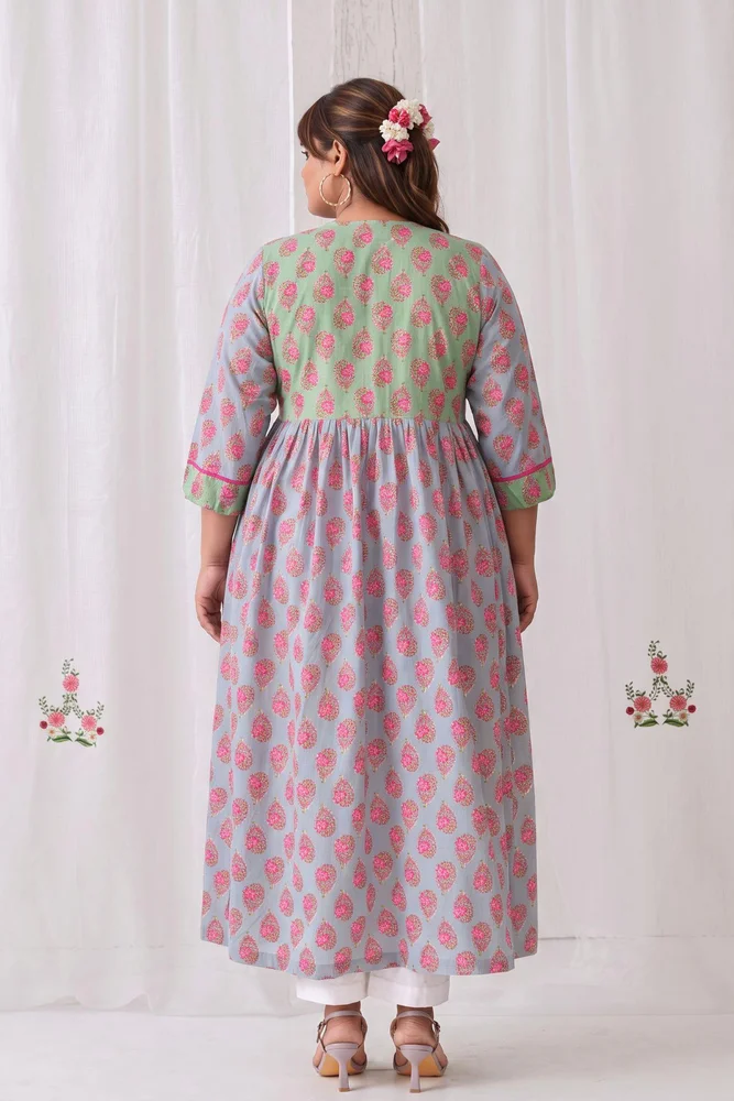 Mint Green & Blue Floral Angrakha Kurta Paired With Straight White Pants 5
