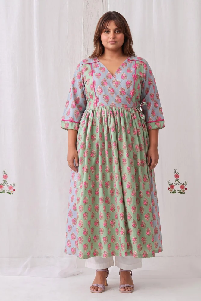 Mint Green & Blue Floral Angrakha Kurta Paired With Straight White Pants