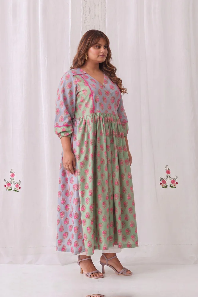 Mint Green & Blue Floral Angrakha Kurta Paired With Straight White Pants 4