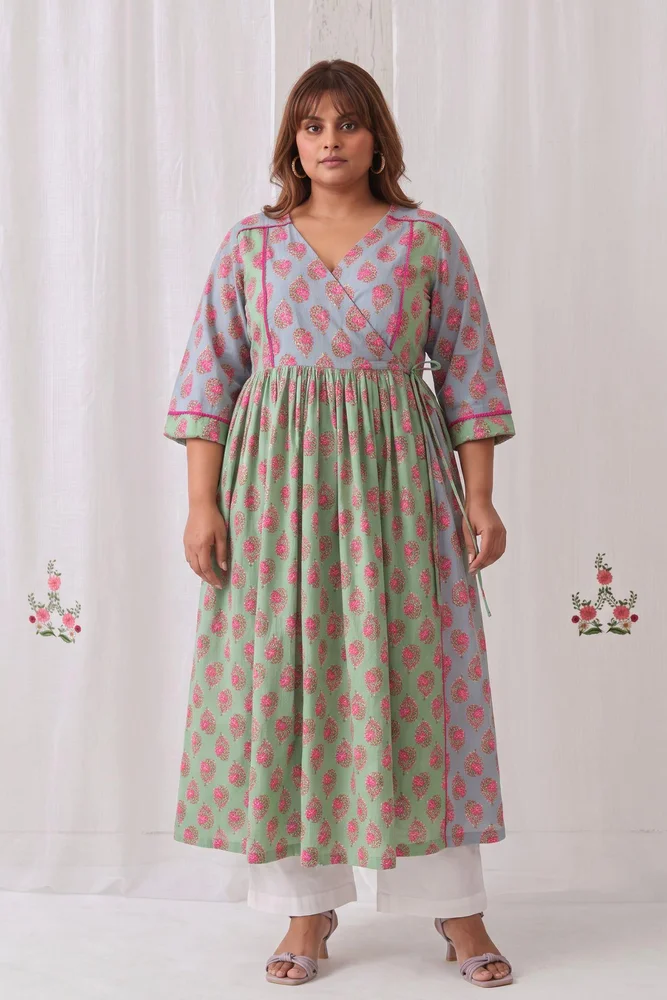 Mint Green & Blue Floral Angrakha Kurta Paired With Straight White Pants 3