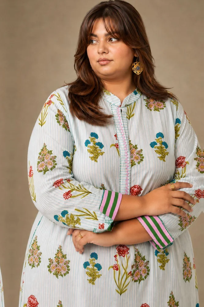 Aqua Floral Short Kurta With Band Collar Paired With White Straight Pants 2