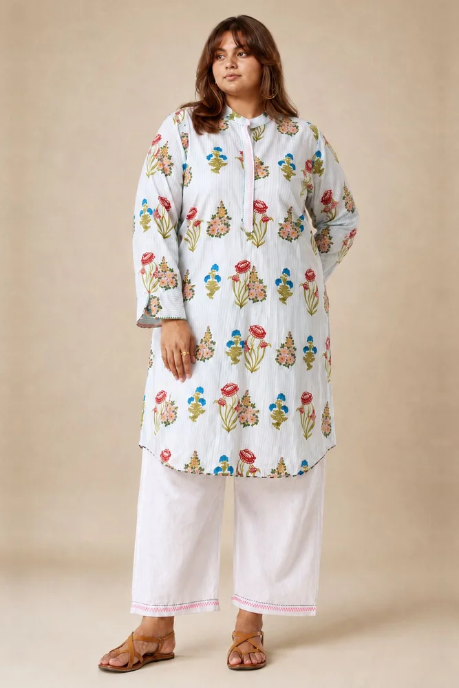 Aqua Floral Short Kurta With Band Collar Paired With White Straight Pants