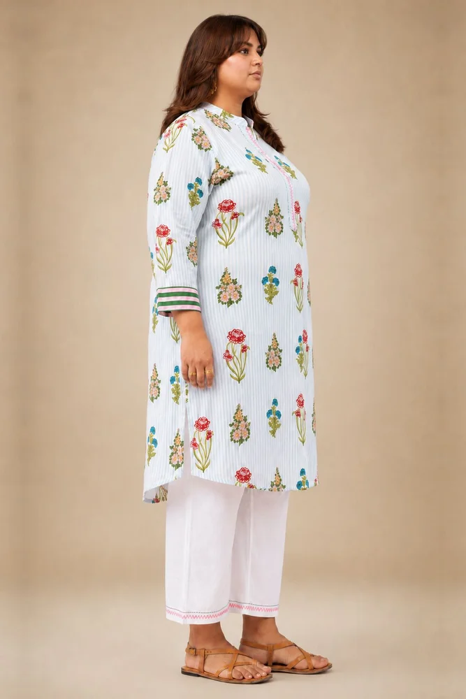 Aqua Floral Short Kurta With Band Collar Paired With White Straight Pants 4