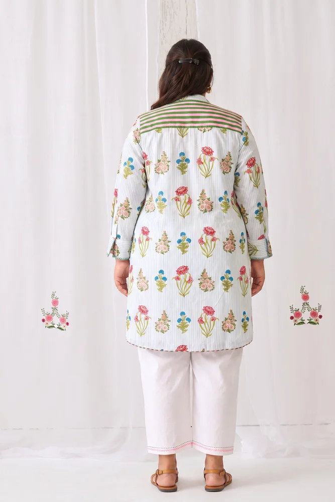Aqua Floral Short Kurta With Band Collar Paired With White Straight Pants 5