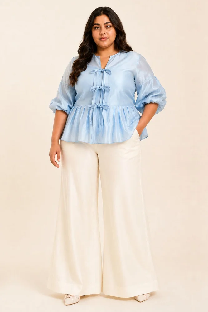 Ice Blue Toni - Multi Knot Peplum Top with Slip