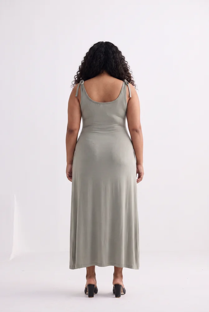 Tie-Detail Maxi Dress in Light Olive 2
