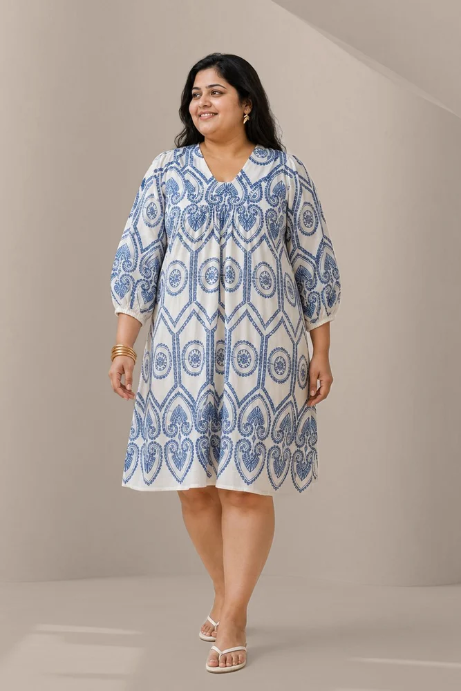 SUMMER SHIFT Blue Pottery Embroidered Dress