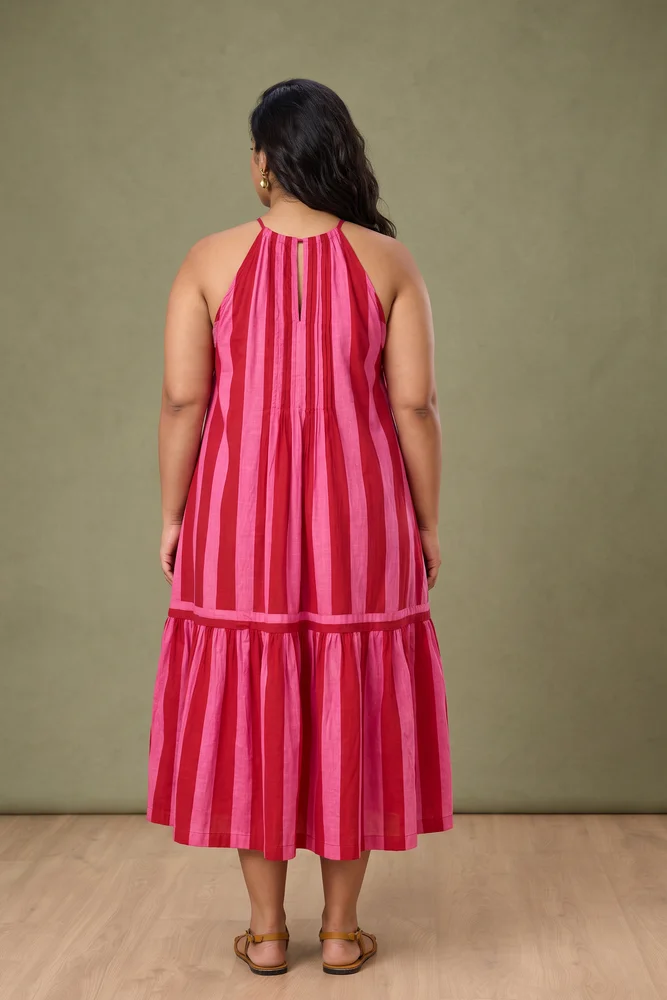 Pink & Red Printed Sleeveless Maxi Dress with Pintuck detail 5