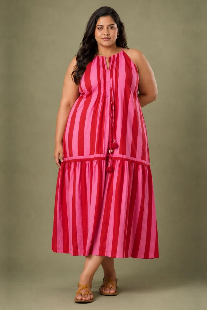 Pink & Red Printed Sleeveless Maxi Dress with Pintuck detail