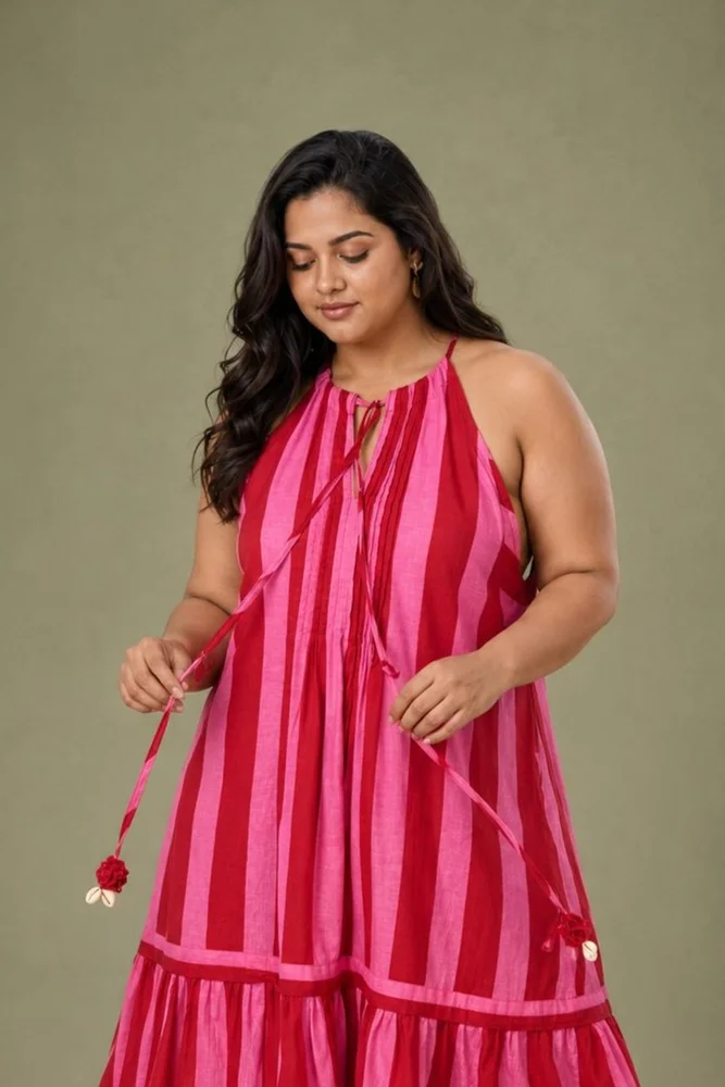 Pink & Red Printed Sleeveless Maxi Dress with Pintuck detail 4