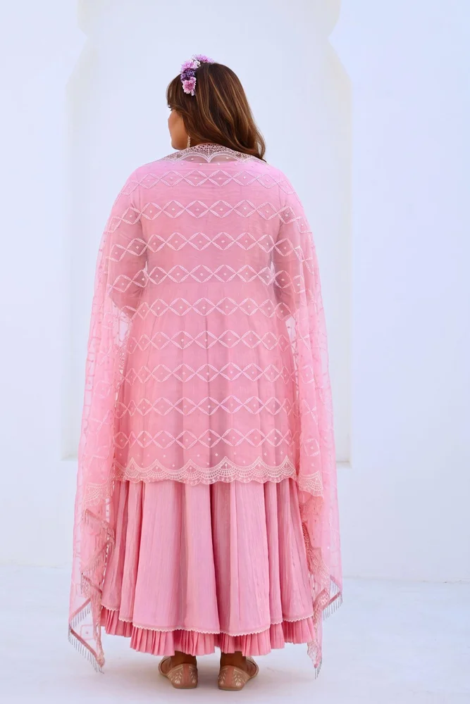 Soft Pink Embroidered Flared Anarkali Set with Organza Dupatta 6
