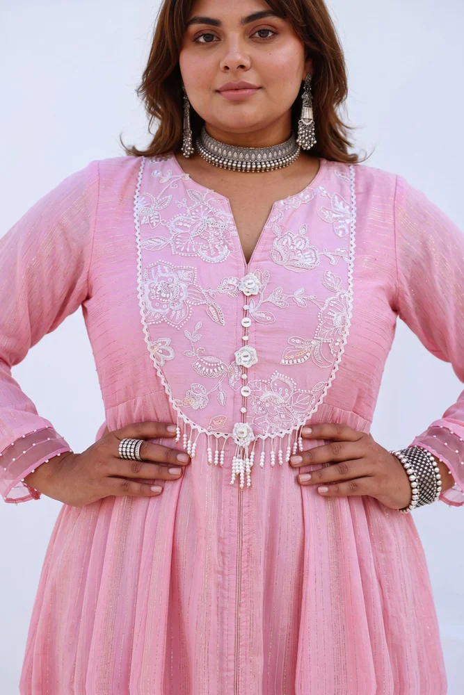 Soft Pink Embroidered Flared Anarkali Set with Organza Dupatta 5