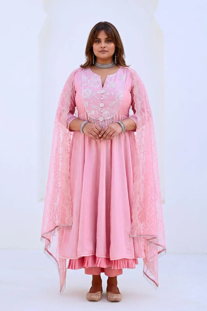 Soft Pink Embroidered Flared Anarkali Set with Organza Dupatta