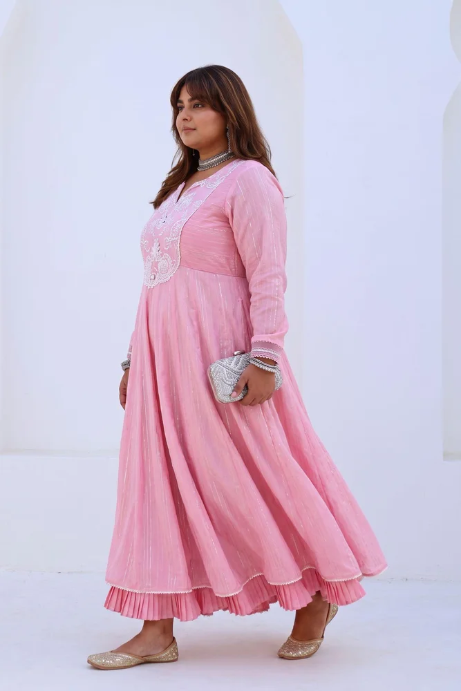 Soft Pink Embroidered Flared Anarkali Set with Organza Dupatta 4
