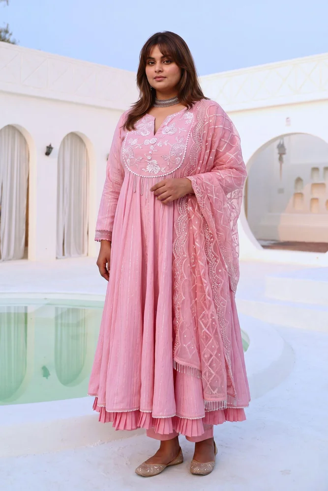 Soft Pink Embroidered Flared Anarkali Set with Organza Dupatta 2