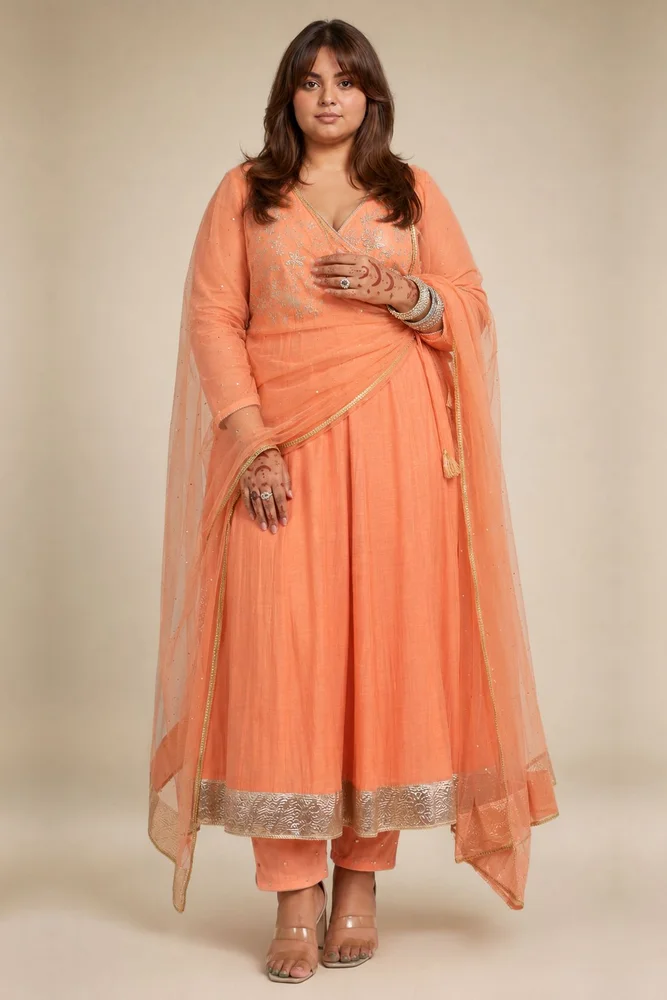 Peach Angarakha With Embroidered Yoke 4