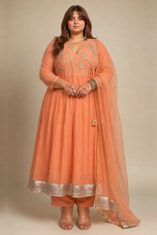 Peach Angarakha With Embroidered Yoke 3