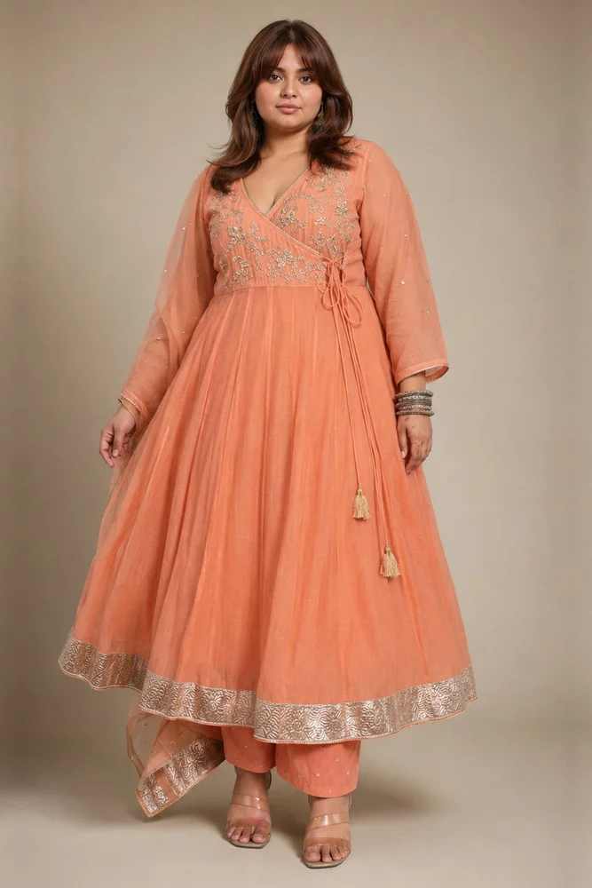 Peach Angarakha With Embroidered Yoke