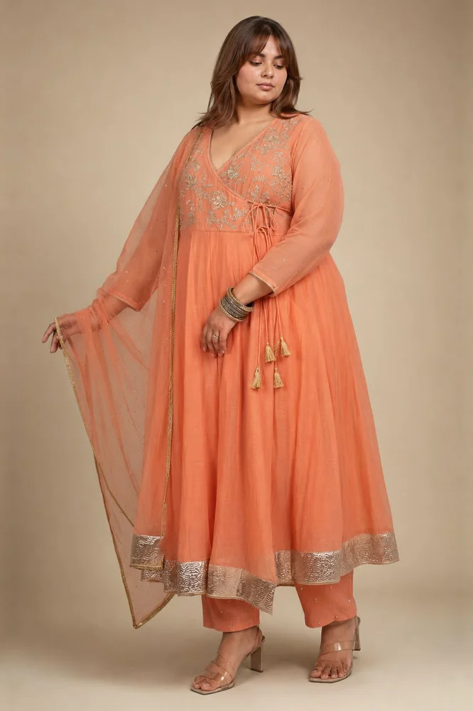 Peach Angarakha With Embroidered Yoke 2