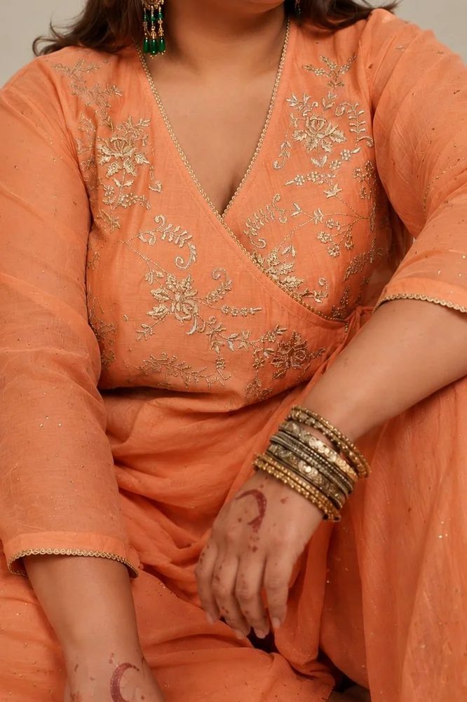 Peach Angarakha With Embroidered Yoke 5