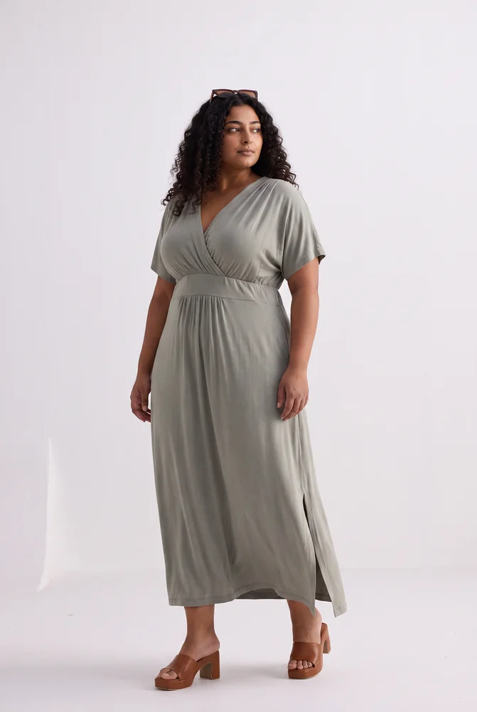 Flowy A-Line Maxi Dress with Side Slits in Light Olive 2