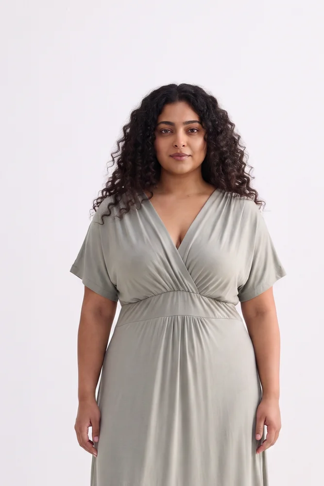 Flowy A-Line Maxi Dress with Side Slits in Light Olive 3