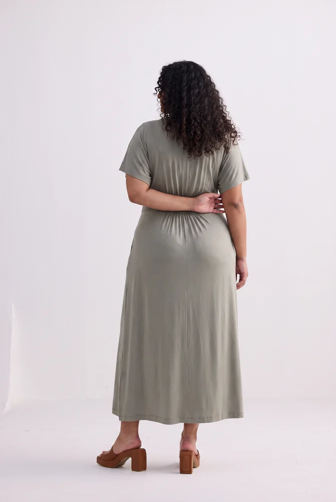 Flowy A-Line Maxi Dress with Side Slits in Light Olive 6