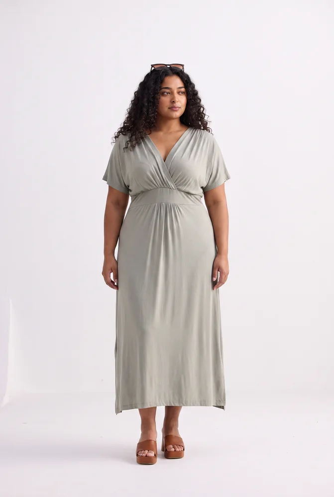 Flowy A-Line Maxi Dress with Side Slits in Light Olive