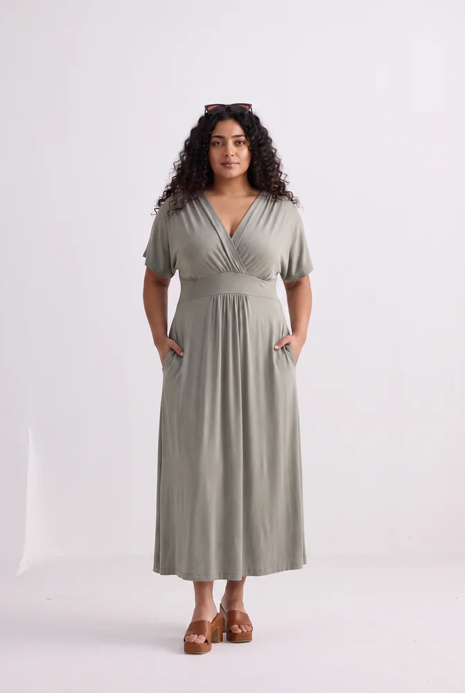 Flowy A-Line Maxi Dress with Side Slits in Light Olive 4