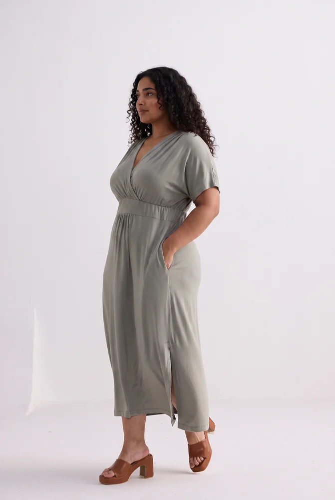Flowy A-Line Maxi Dress with Side Slits in Light Olive 5