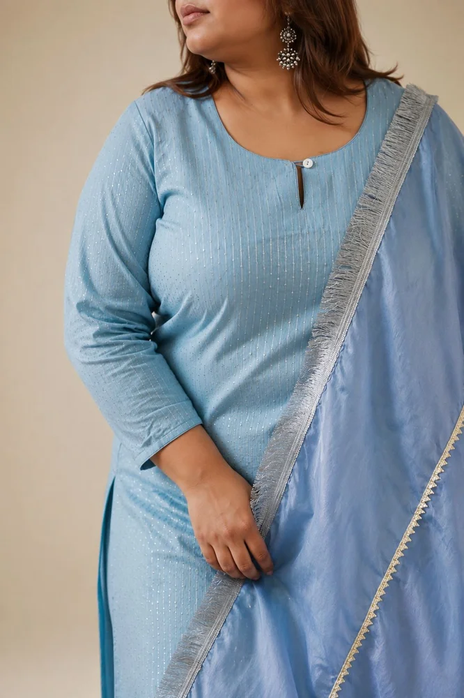 Sky Blue Short Kurta Set with Organza Dupatta & Gota-details 5