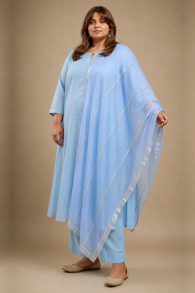 Sky Blue Short Kurta Set with Organza Dupatta & Gota-details 4