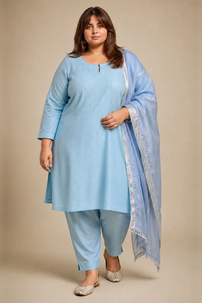 Sky Blue Short Kurta Set with Organza Dupatta & Gota-details