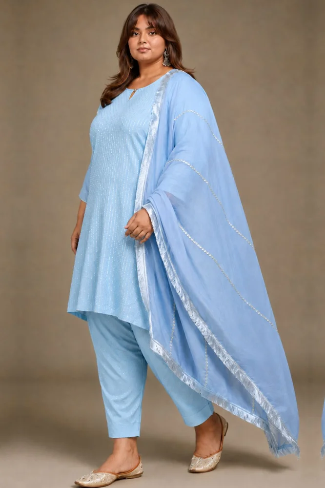Sky Blue Short Kurta Set with Organza Dupatta & Gota-details 2