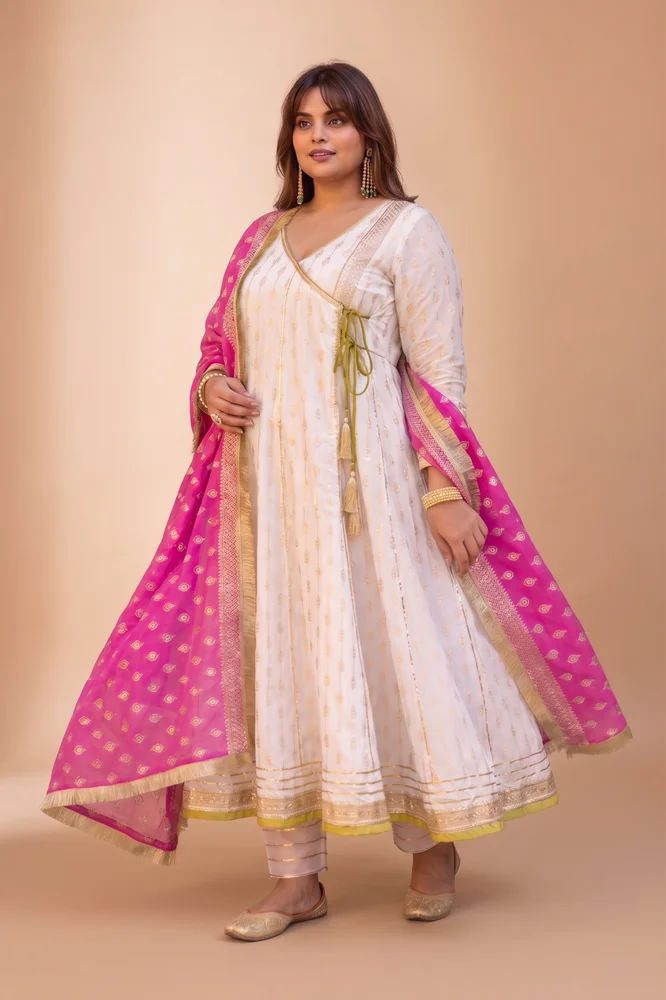 White Zari Ethnic Angrakha Set with Embroidered Dupatta 2